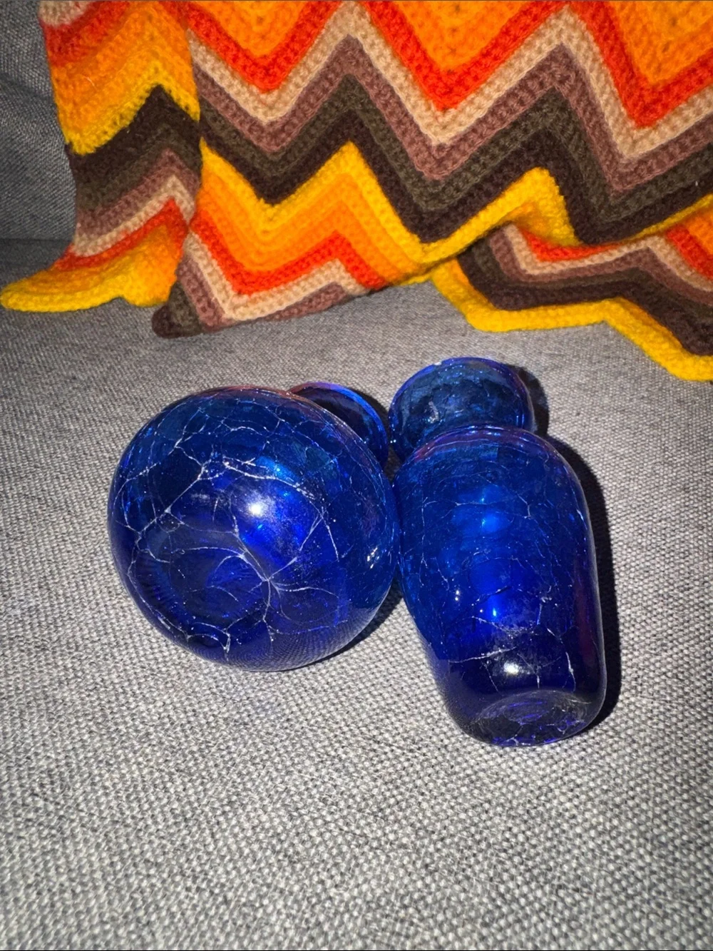 VINTAGE Cobalt Blue Crackle Glass Mini Vases Set of 2 –Mid-Century Modern